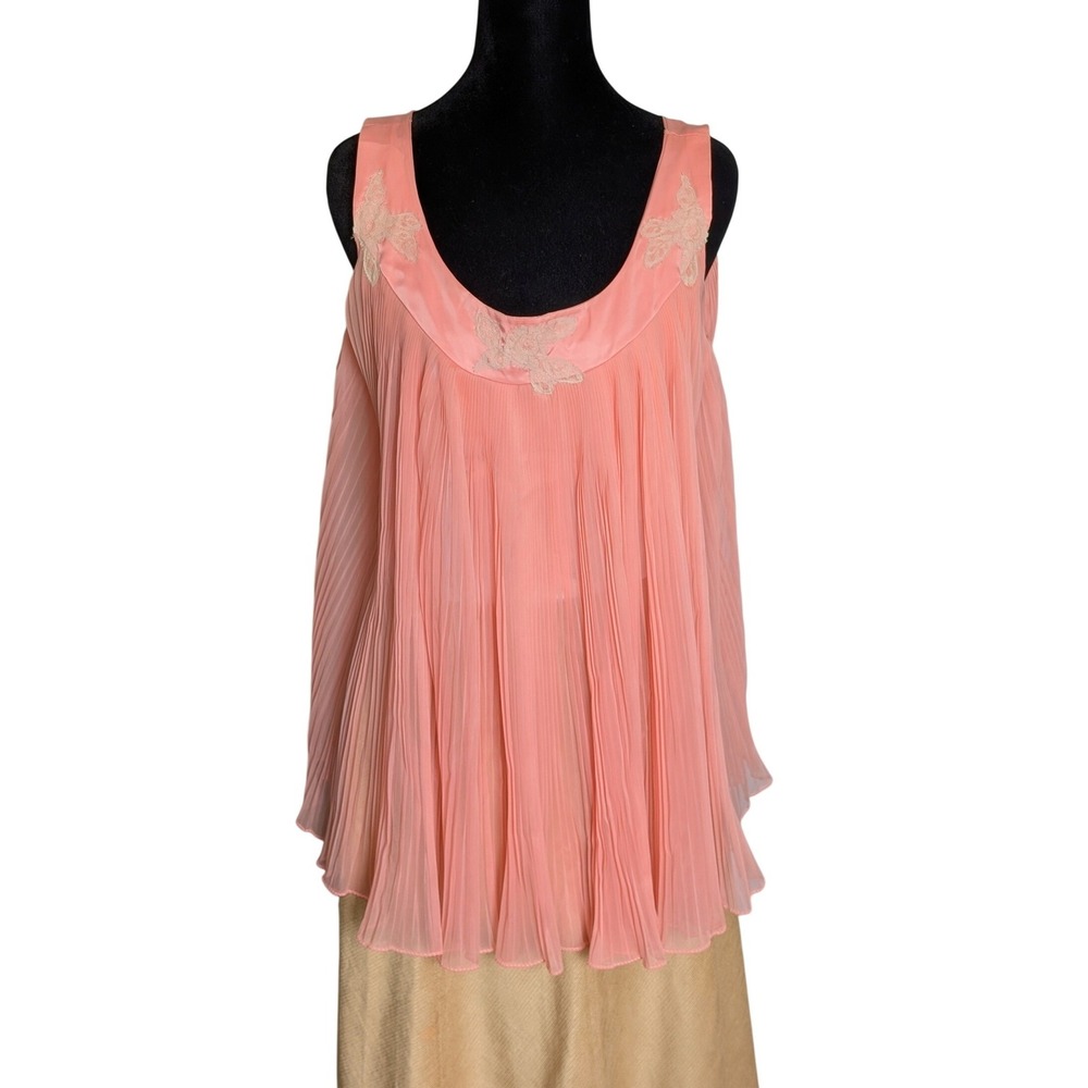 Rogers Vintage 60s Romantic Coquette Dusty Pink Pleated Lace Chiffon Camisole